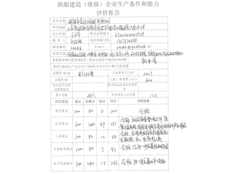 Fishing vessel construction capacity assessment table